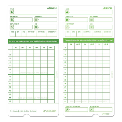 Image of uPunch HNTCG1100 Time Clock Cards For Upunch Hn1000/hn3000/hn3600, Two Sides, 7.5 X 3.5, 100/pack