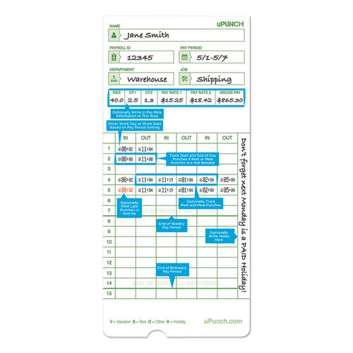 Image of uPunch HNTCG1100 Time Clock Cards For Upunch Hn1000/hn3000/hn3600, Two Sides, 7.5 X 3.5, 100/pack