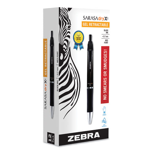 Image of Zebra® 45610 Sarasa Dry Gel X1 Gel Pen, Retractable, Medium 0.7 mm, Black Ink, Black Barrel, 12/Pack
