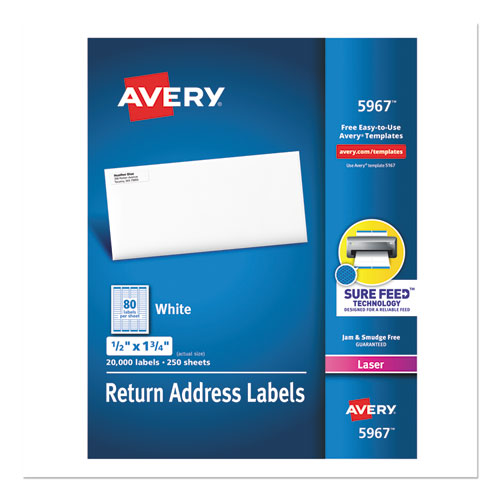 Image of Avery® 5967 White Address Labels W/ Sure Feed Technology For Laser Printers, Laser Printers, 0.5 X 1.75, White, 80/sheet, 250 Sheets/box