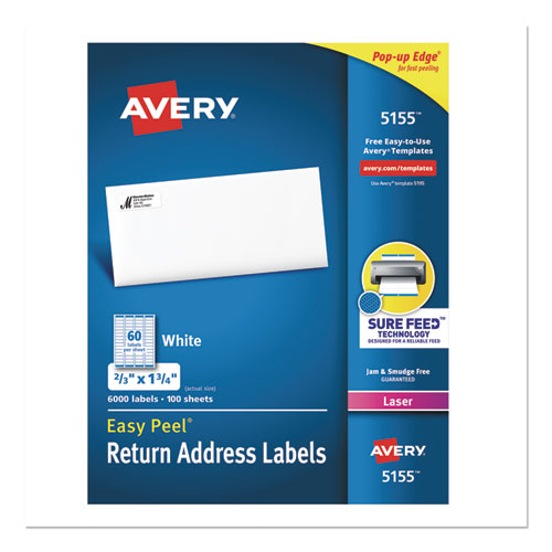 Image of Avery® 05155 Easy Peel White Address Labels W/ Sure Feed Technology, Laser Printers, 0.66 X 1.75, White, 60/sheet, 100 Sheets/pack