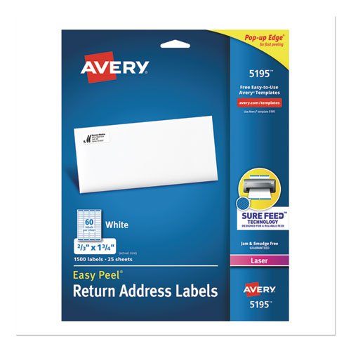 Image of Avery® 05195 Easy Peel White Address Labels W/ Sure Feed Technology, Laser Printers, 0.66 X 1.75, White, 60/sheet, 25 Sheets/pack