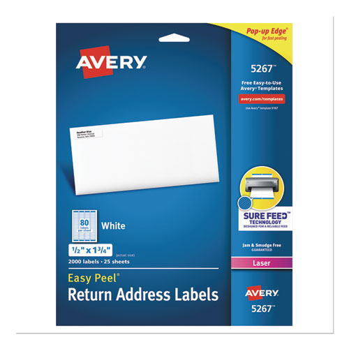 Image of Avery® 05267 Easy Peel White Address Labels W/ Sure Feed Technology, Laser Printers, 0.5 X 1.75, White, 80/sheet, 25 Sheets/pack