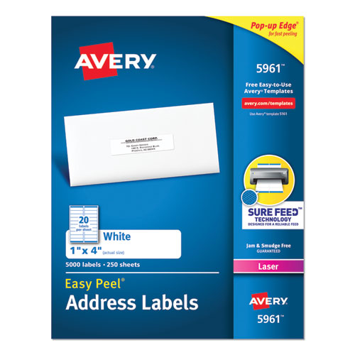 Image of Avery® 05961 Easy Peel White Address Labels W/ Sure Feed Technology, Laser Printers, 1 X 4, White, 20/sheet, 250 Sheets/box