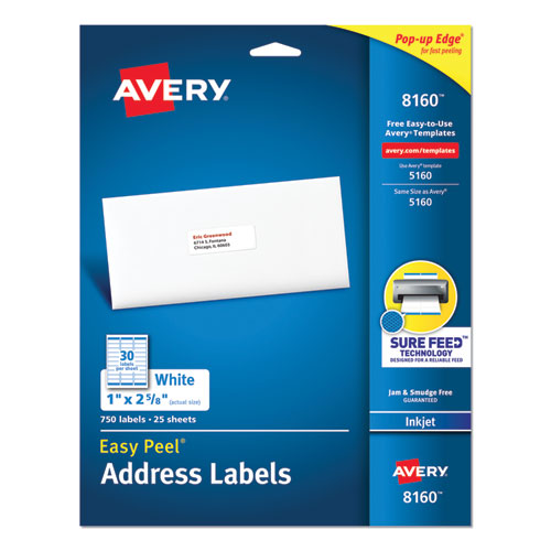 Image of Avery® 08160 Easy Peel White Address Labels W/ Sure Feed Technology, Inkjet Printers, 1 X 2.63, White, 30/sheet, 25 Sheets/pack