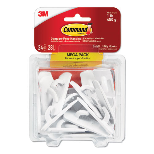 Image of Command 17002-MPES Small Utility Hooks, Plastic, White, Supports 1 lb, 24/Pack