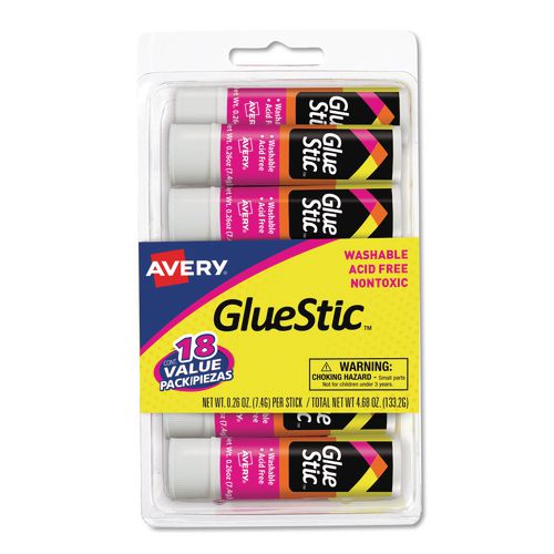 Image of Avery® 98089 Permanent Glue Stic Value Pack, 0.26 Oz, Applies White, Dries Clear, 18/pack