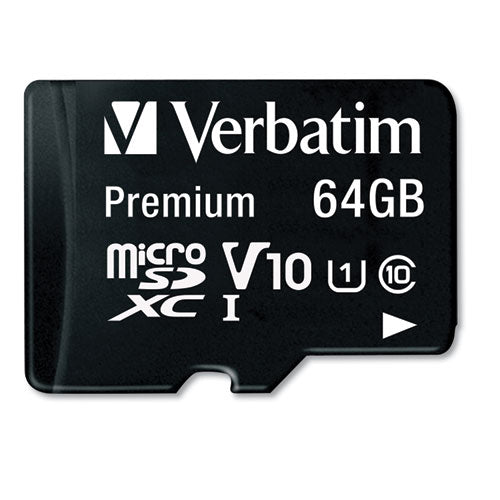 Image of Verbatim® 44084 64gb Premium Microsdxc Memory Card With Adapter, Uhs-I V10 U1 Class 10, Up To 90mb/s Read Speed