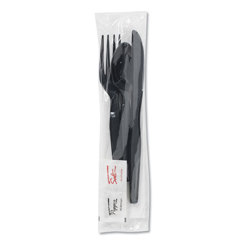 Image of Dixie® CH56NSPC7 Wrapped Tableware/Napkin Packets, Mediumweight, Fork/Knife/Napkin/Spoon, Plastic, Black, 250/Carton