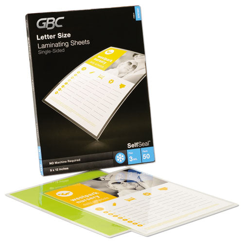 Image of GBC® 3747307CF Selfseal Self-Adhesive Laminating Pouches And Single-Sided Sheets, 3 Mil, 9" X 12", Gloss Clear, 50/pack
