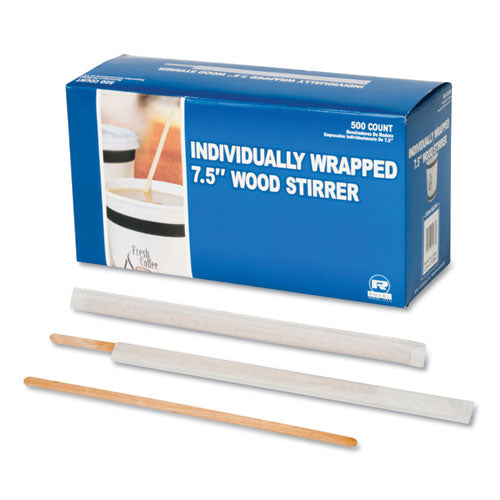 Image of AmerCareRoyal® R825W Wood Stir Sticks, 7.5", Wrapped, 5,000/Carton