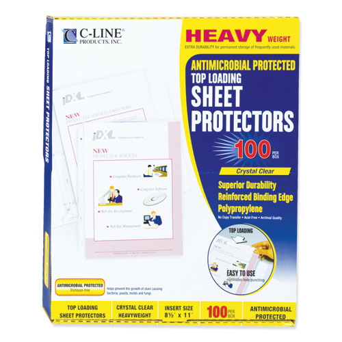 Image of C-Line® 62033 Polypropylene Sheet Protectors, Antimicrobial Protection, Heavy-Duty, Side: 3-Hole Punched, 8.5 x 11 Insert, Clear, 100/Box