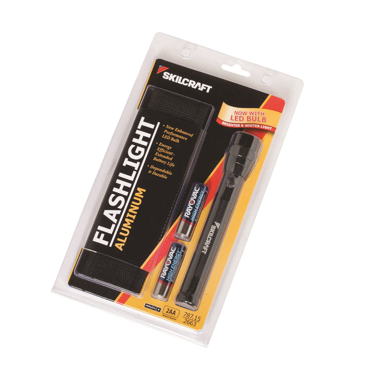 Image of SKILCRAFT® Aluminum Flashlight, 6-1/4" Long, Includes 2 AA Batteries & Belt Holster, Black, Case of 12