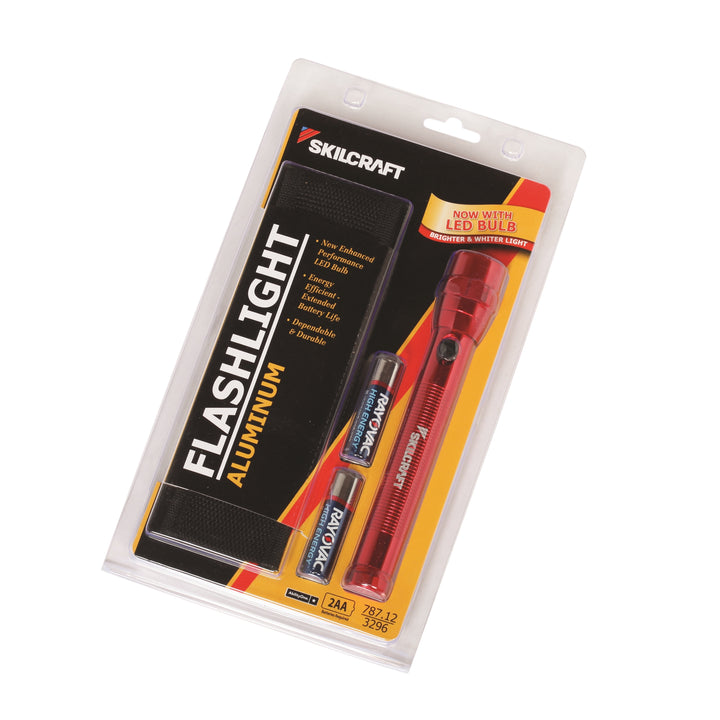 Image of SKILCRAFT® Aluminum Flashlight, 6-1/4" Long, Includes 2 AA Batteries & Belt Holster, Red, Case of 12