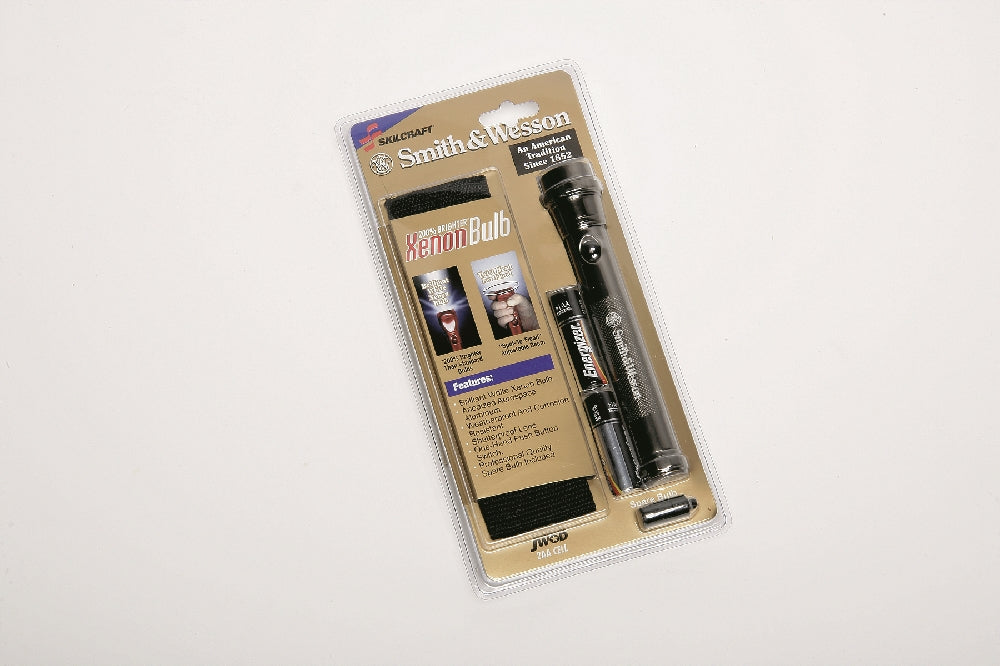 Image of SKILCRAFT® Aluminum Flashlight, 6-1/4" Long, Includes 2 AA Batteries & Belt Holster, Silver