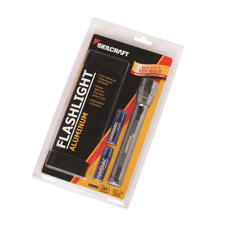 Image of SKILCRAFT® Aluminum Flashlight, 6-1/4" Long, Includes 2 AA Batteries & Belt Holster, Silver, Case of 12