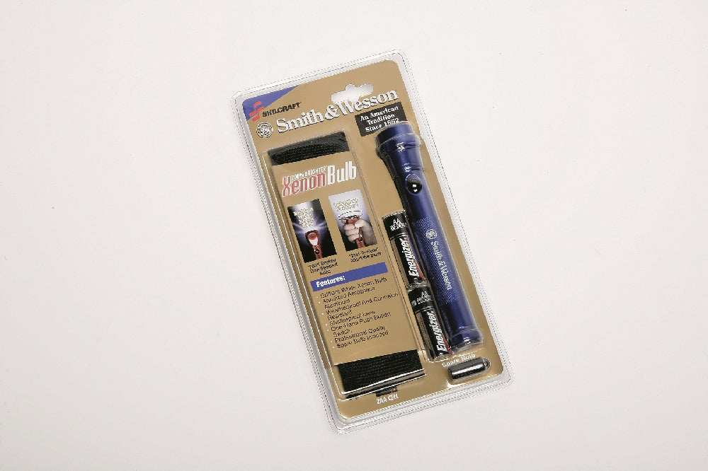Image of SKILCRAFT® Aluminum Flashlight, 6-1/4" Long, Includes 2 AA Batteries & Belt Holster, Blue