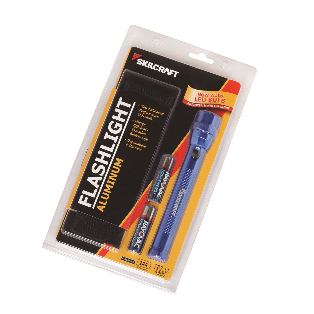 Image of SKILCRAFT® Aluminum Flashlight, 6-1/4" Long, Includes 2 AA Batteries & Belt Holster, Blue, Case of 12
