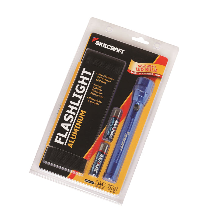 Image of SKILCRAFT® Aluminum Flashlight, 6-1/4" Long, Includes 2 AA Batteries & Belt Holster, Blue, Case of 12