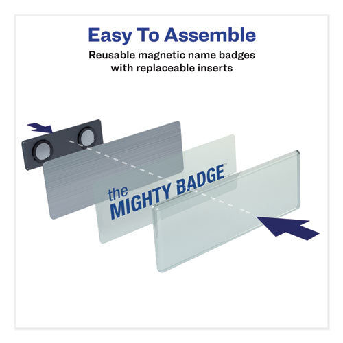 Image of Avery® 71205 The Mighty Badge Name Badge Holder Kit, Horizontal, 3 X 1, Inkjet, Silver, 10 Holders/ 80 Inserts