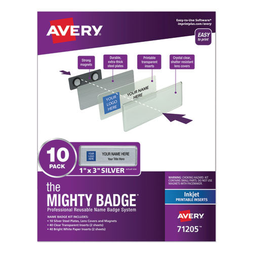 Image of Avery® 71205 The Mighty Badge Name Badge Holder Kit, Horizontal, 3 X 1, Inkjet, Silver, 10 Holders/ 80 Inserts