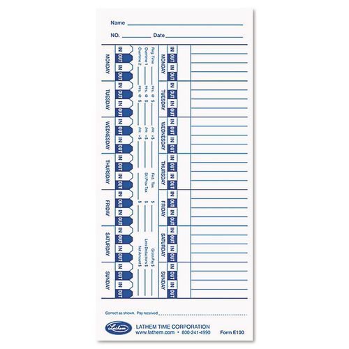 Image of Lathem® Time E100 Time Clock Cards For Lathem Time E Series, One Side, 4 X 9, 100/pack
