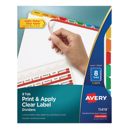 Image of Avery® 11419 Print and Apply Index Maker Clear Label Dividers, 8-Tab, Color Tabs, 11 x 8.5, White, Traditional Color Tabs, 5 Sets