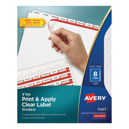 Image of Avery® 11417 Print and Apply Index Maker Clear Label Dividers, 8-Tab, 11 x 8.5, White, 1 Set