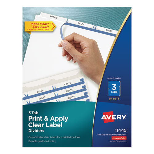 Image of Avery® 11445 Print and Apply Index Maker Clear Label Dividers, 3-Tab, White Tabs, 11 x 8.5, White, 25 Sets