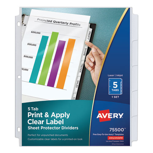 Image of Avery® 75500 Print And Apply Index Maker Clear Label Sheet Protector Dividers With White Tabs, 5-Tab, 11 X 8.5, White, 1 Set