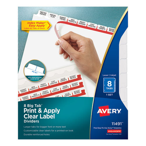 Image of Avery® 11491 Print and Apply Index Maker Clear Label Dividers, Big Tab, 8-Tab, 11 x 8.5, White, 1 Set
