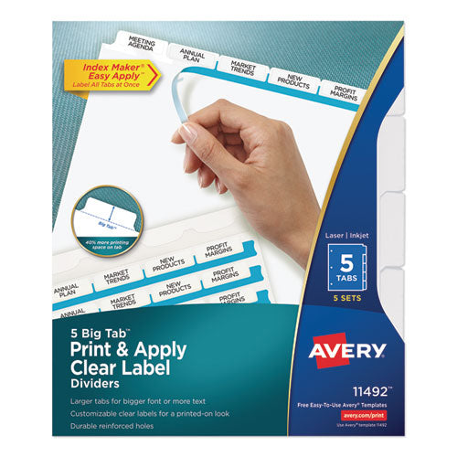 Image of Avery® 11492 Print and Apply Index Maker Clear Label Dividers, Big Tab, 5-Tab, White Tabs, 11 x 8.5, White, 5 Sets