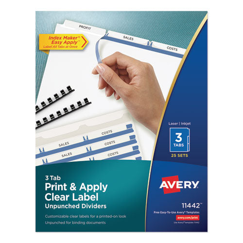 Image of Avery® 11442 Print and Apply Index Maker Clear Label Unpunched Dividers, 3-Tab, 11 x 8.5, White, 25 Sets