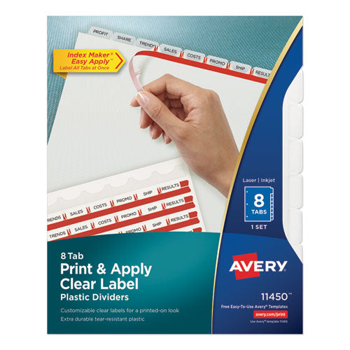 Image of AveryÂ® Print and Apply Index Maker Clear Label Plastic Dividers w/Printable Label Strip, 8-Tab, 11 x 8.5, Frosted Clear Tabs, 1 Set