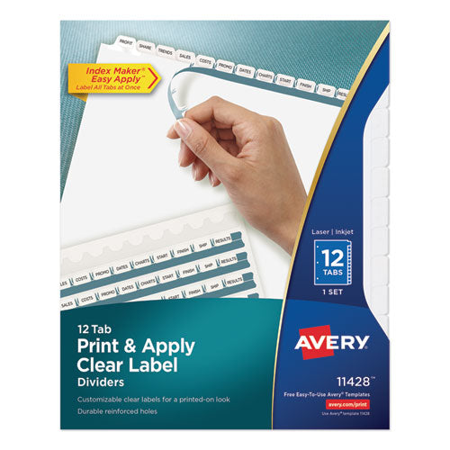 Image of Avery® 11428 Print and Apply Index Maker Clear Label Dividers, 12-Tab, White Tabs, 11 x 8.5, White, 1 Set
