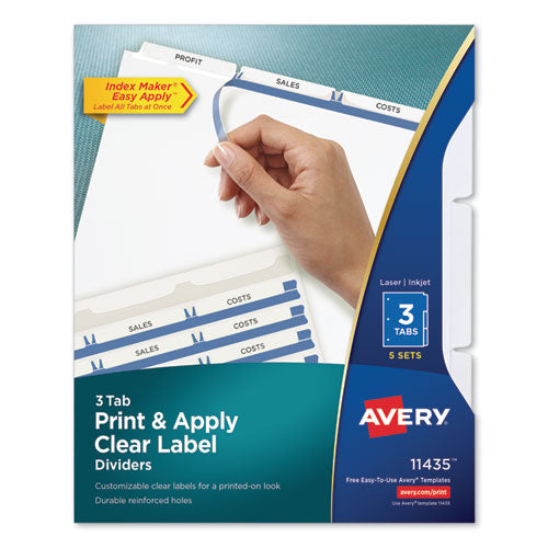Image of Avery® 11435 Print and Apply Index Maker Clear Label Dividers, 3-Tab, White Tabs, 11 x 8.5, White, 5 Sets