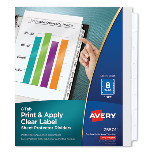 Image of Avery® 75501 Print And Apply Index Maker Clear Label Sheet Protector Dividers With White Tabs, 8-Tab, 11 X 8.5, Clear, 1 Set