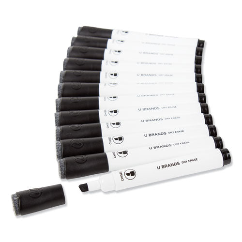 Image of U Brands 2925U01-12 Chisel Tip Low-Odor Dry-Erase Markers With Erasers, Broad Chisel Tip, Black, Dozen