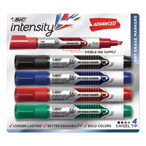 Image of BIC® GELITP41-AST Intensity Advanced Dry Erase Marker, Tank-Style, Broad Chisel Tip, Assorted Colors, 4/pack