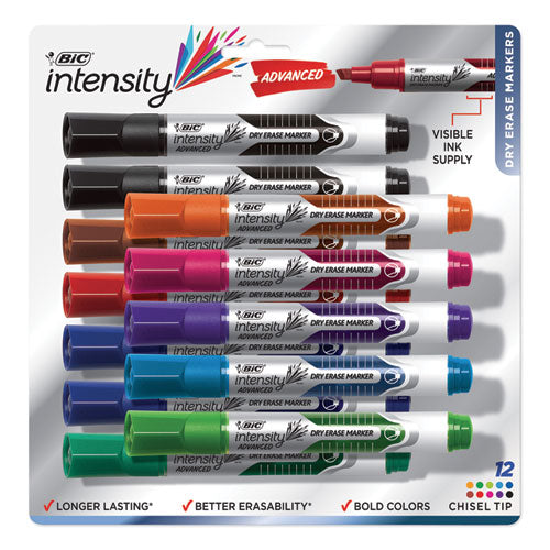 Image of BIC® GELITP121-AST Intensity Advanced Dry Erase Marker, Tank-Style, Broad Chisel Tip, Assorted Colors, Dozen