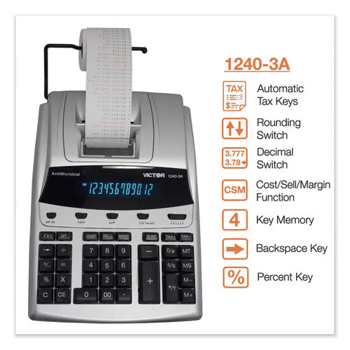 Image of Victor® 1240-3A 1240-3a Antimicrobial Printing Calculator, Black/red Print, 4.5 Lines/sec