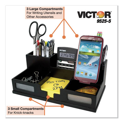 Image of Victor® 9525-5 Midnight Black Desk Organizer with Smartphone Holder, 6 Compartments, Wood, 10.5 x 5.5 x 4