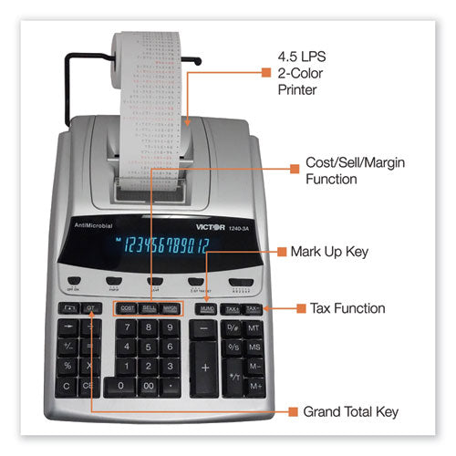 Image of Victor® 1240-3A 1240-3a Antimicrobial Printing Calculator, Black/red Print, 4.5 Lines/sec
