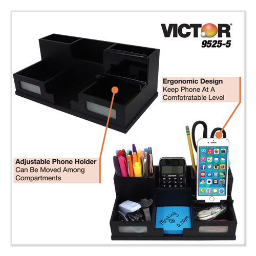 Image of Victor® 9525-5 Midnight Black Desk Organizer with Smartphone Holder, 6 Compartments, Wood, 10.5 x 5.5 x 4