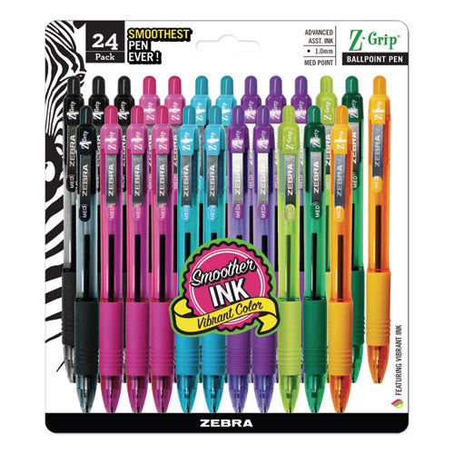 Image of Zebra® 12271 Z-Grip Ballpoint Pen, Retractable, Medium 1 mm, Assorted Artistic Ink and Barrel Colors, 24/Pack