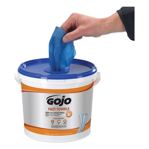 Image of GOJO® 6299-02 FAST TOWELS Hand Cleaning Towels, 9 x 10, Fresh Citrus, Blue, 225/Bucket, 2 Buckets/Carton