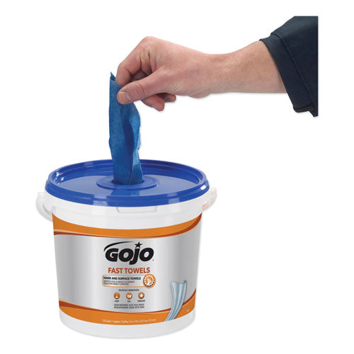 Image of GOJO® 6298-04 FAST TOWELS Hand Cleaning Towels, 9 x 10, Fresh Citrus, Blue, 130/Bucket, 4 Buckets/Carton