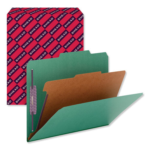 Image of Smead 13733 Pressboard Top Tab Classification Folders, Expands 2", 1 Divider, 4 SafeSHIELD Fasteners, Letter Size, Green, 10/Box