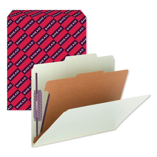 Image of Smead 13776 Pressboard Classification Folders, 2/5-Cut Tab, Expands 2", 1 Divider, 4 SafeSHIELD Fasteners, Letter Size, Gray-Green, 10/BX