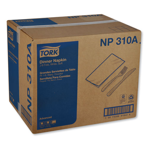 Image of Tork® NP310A Advanced Dinner Napkins, 2-Ply, 15 x 16.25, 1/8 Fold, White, 375/Packs, 8 Packs/Carton